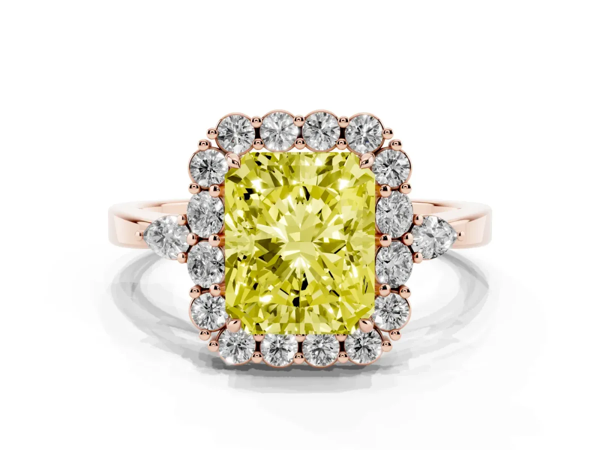 Fancy Yellow Radiant Cut Diamond Halo Ring with Pear Side Stones and Prong Setting Rose gold