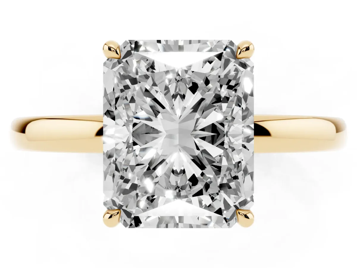 Radiant Cut Solitaire Engagement Ring with Cathedral Band and Four-Prong Setting Yellow gold