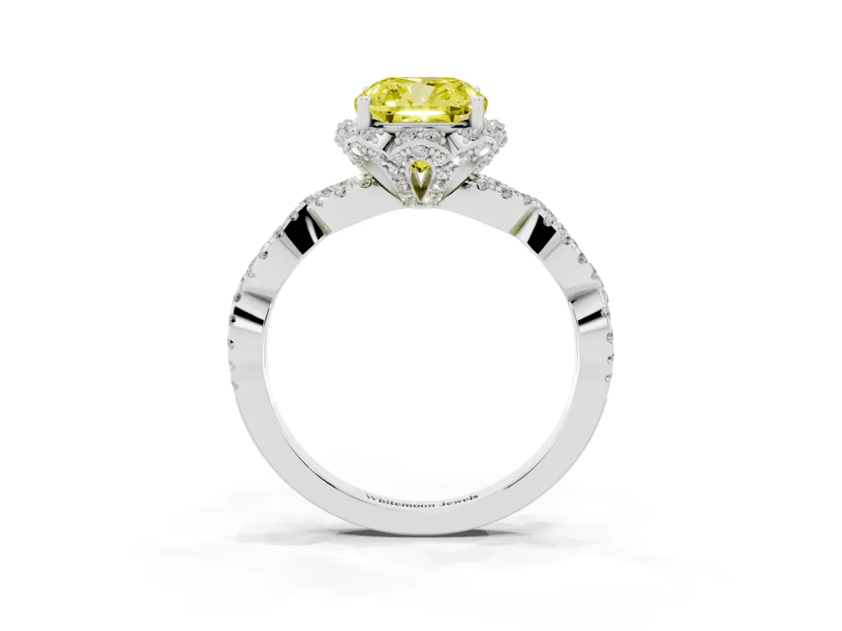 Fancy Yellow Cushion Cut Halo Twist Band Solitaire Ring with Six-Prong Setting Silver