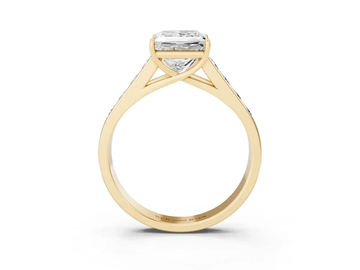 Princess Cut Brilliant Channel-Set Solitaire Ring with Four-Prong Setting Yellow gold