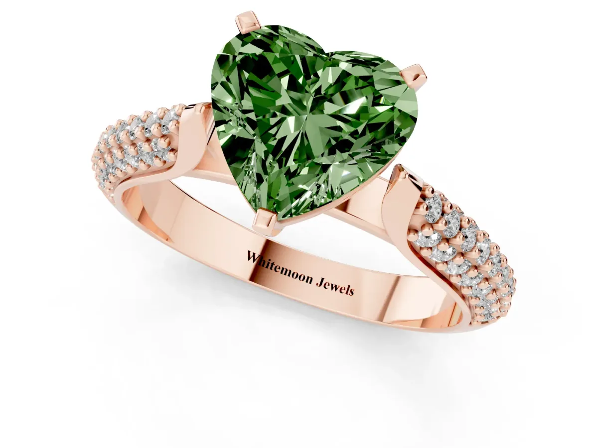 Fancy Green Heart Cut Diamond Solitaire Engagement Ring with Multi-Row Round Pavé Band and Prong Setting Rose gold