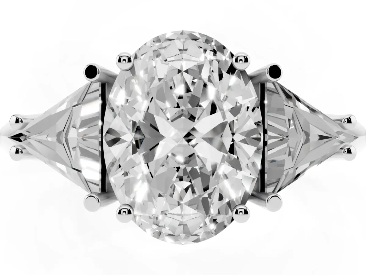 Three-Stone Oval Cut Diamond Engagement Ring with Trillion Side Stones and Prong Setting Silver