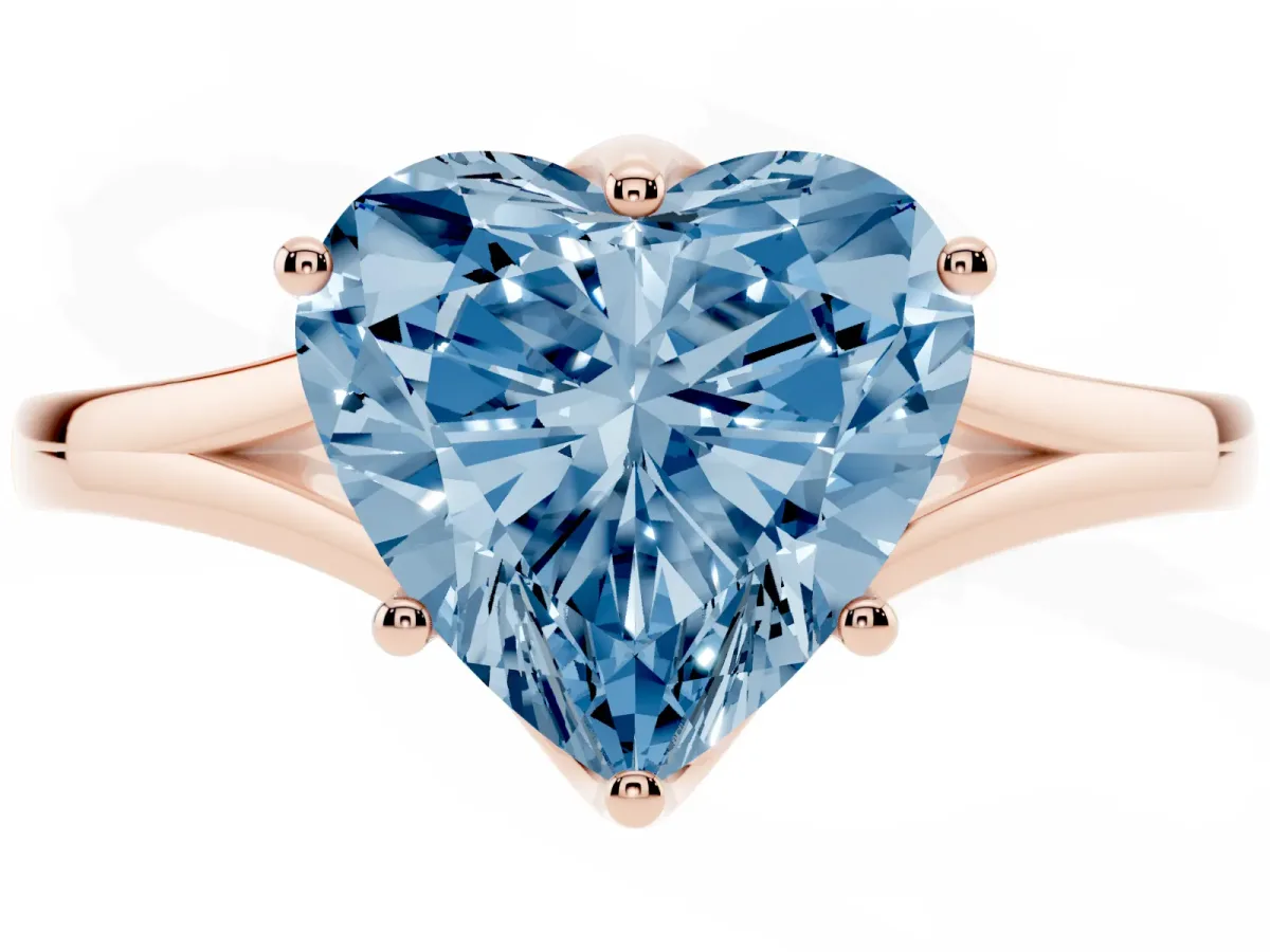 Fancy Blue Heart Cut Solitaire Diamond Ring with Six-Prong Setting and Tapered Band Rose gold