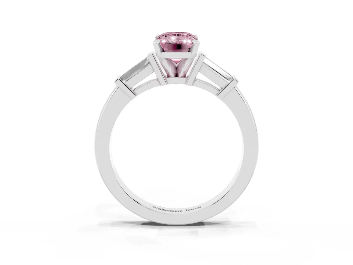 Fancy Pink Emerald Cut Cut Diamond Solitaire Ring with Tapered Baguette Accents and Four-Prong Setting White gold