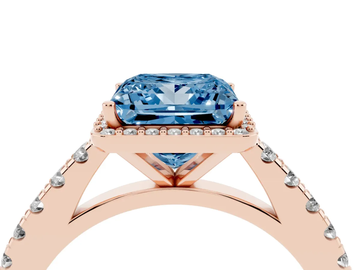 Fancy Blue Princess Cut Cut Halo Diamond Engagement Ring with Pave Band and Four-Prong Setting Rose gold