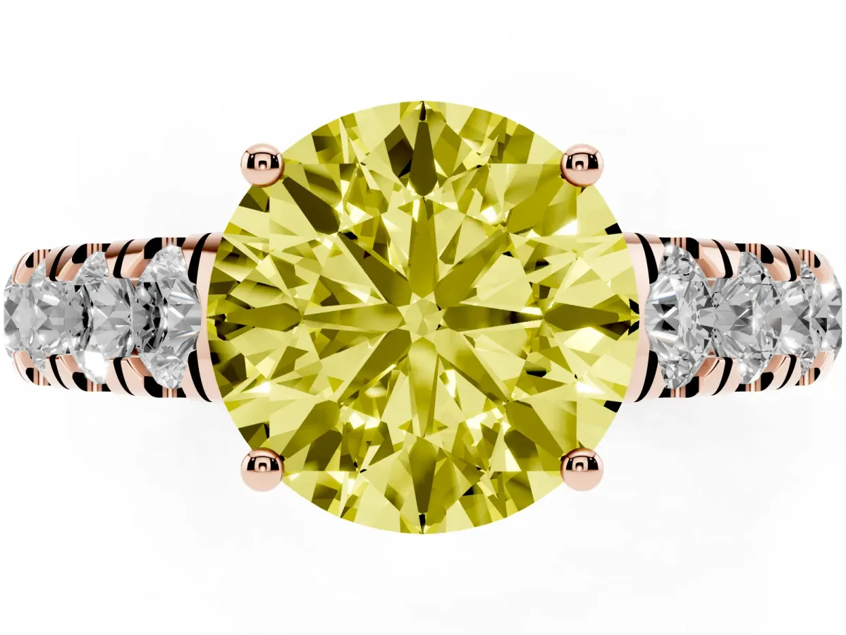 Fancy Yellow Round Cut Cut Diamond Solitaire Ring with Micro Pave Band and Prong Setting Rose gold