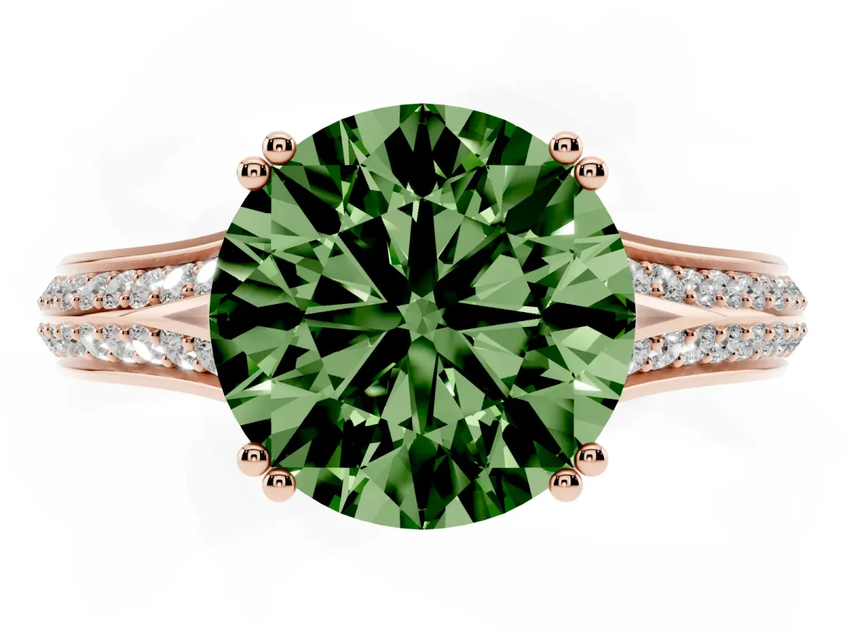 Fancy Green Round Cut Diamond Split Shank Engagement Ring with Pavé Band Rose gold