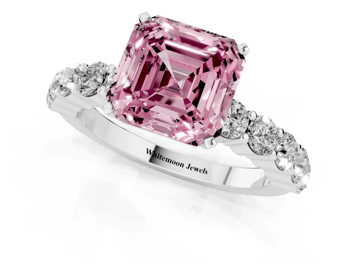 Fancy Pink Asscher Cut Diamond Solitaire Ring with Shared Prong Round Side Stones White gold