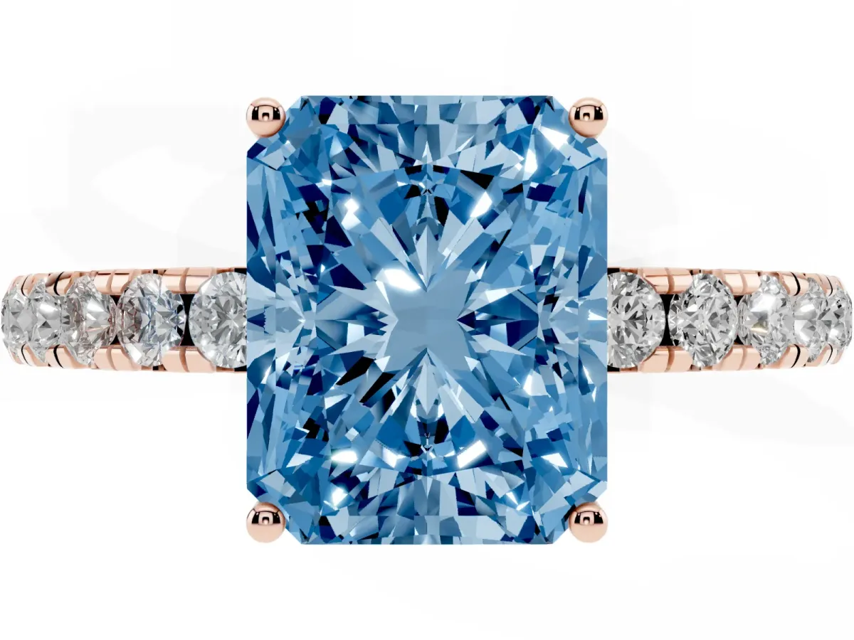 Fancy Blue Radiant Cut Diamond Pavé Solitaire Engagement Ring with Four-Prong Setting Rose gold