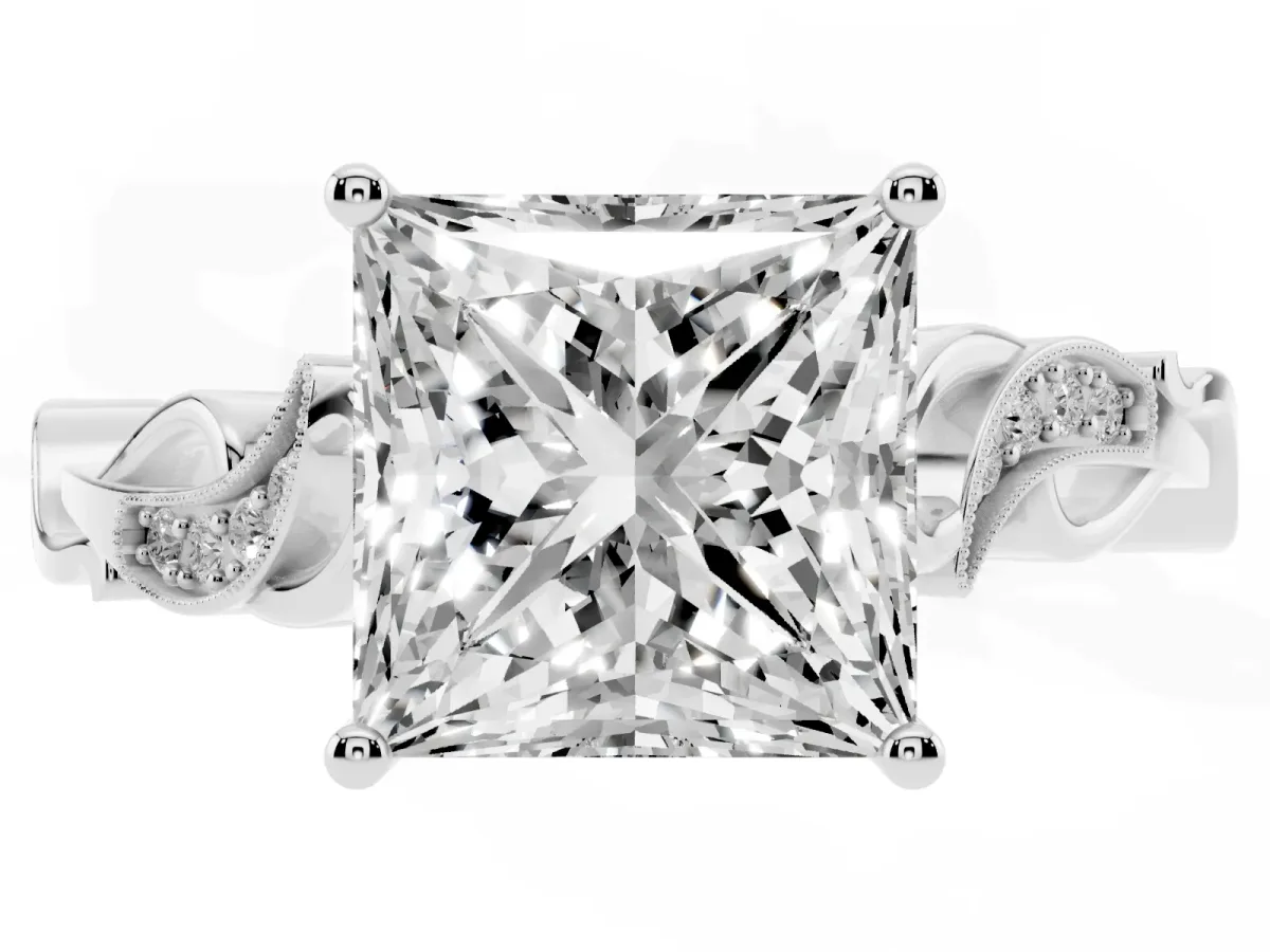 Princess Cut Solitaire Vine Band with Milgrain Prong Setting Platinum