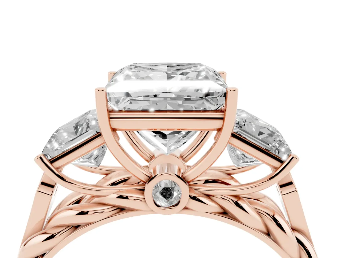 Three-Stone Princess Cut Diamond Braided Band Ring with Four-Prong Setting Rose gold
