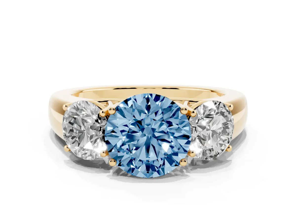 Fancy Blue Three-Stone Round Cut Cut Diamond Ring with Prong Setting and Classic Band Yellow gold