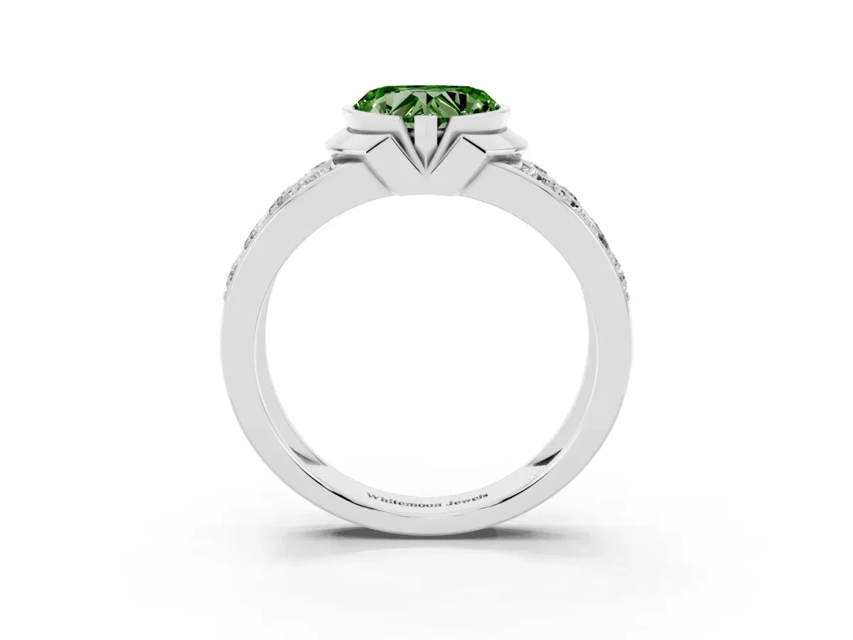 Fancy Green Heart Cut Brilliant Diamond Channel Set Wide Band Ring with Bezel Setting Platinum