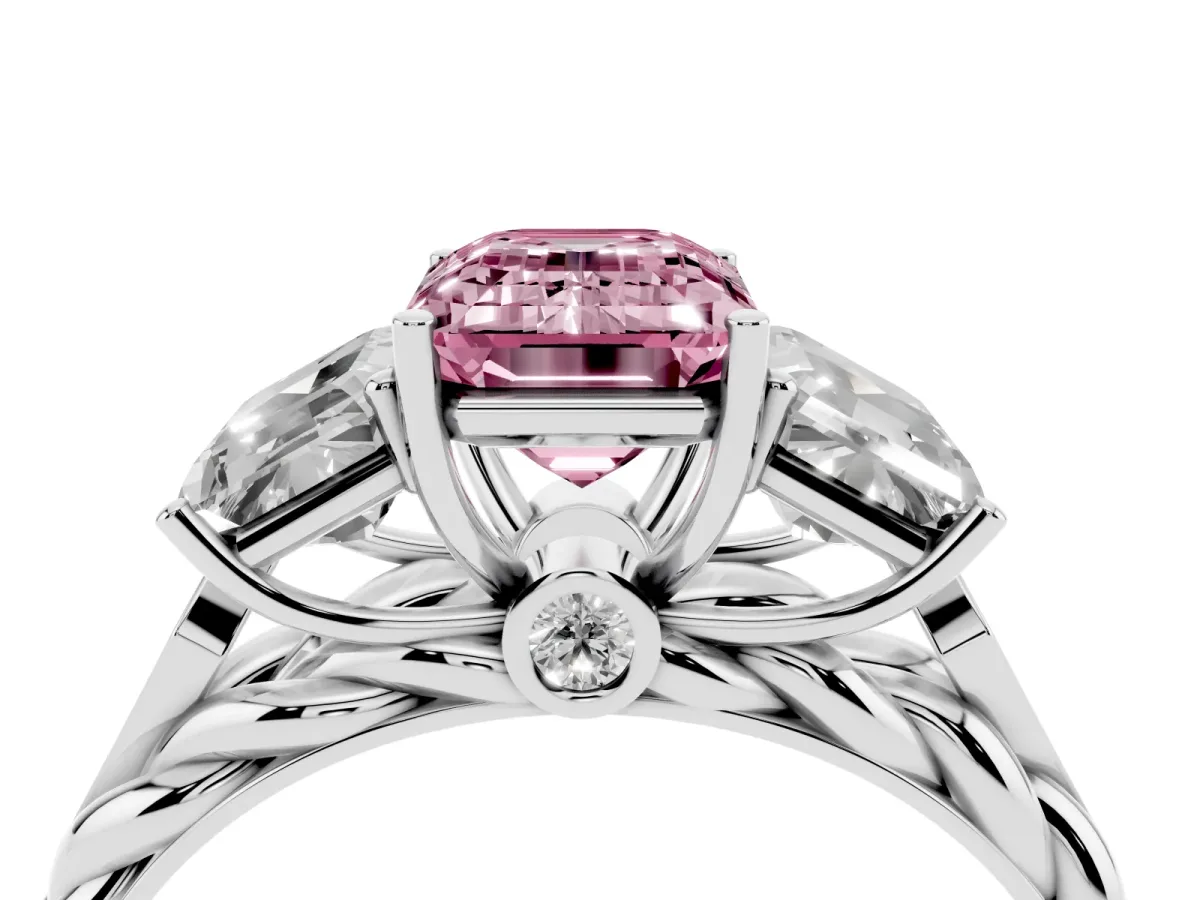 Fancy Pink Three-Stone Radiant Cut Diamond Braided Band Ring with Four-Prong Setting Platinum