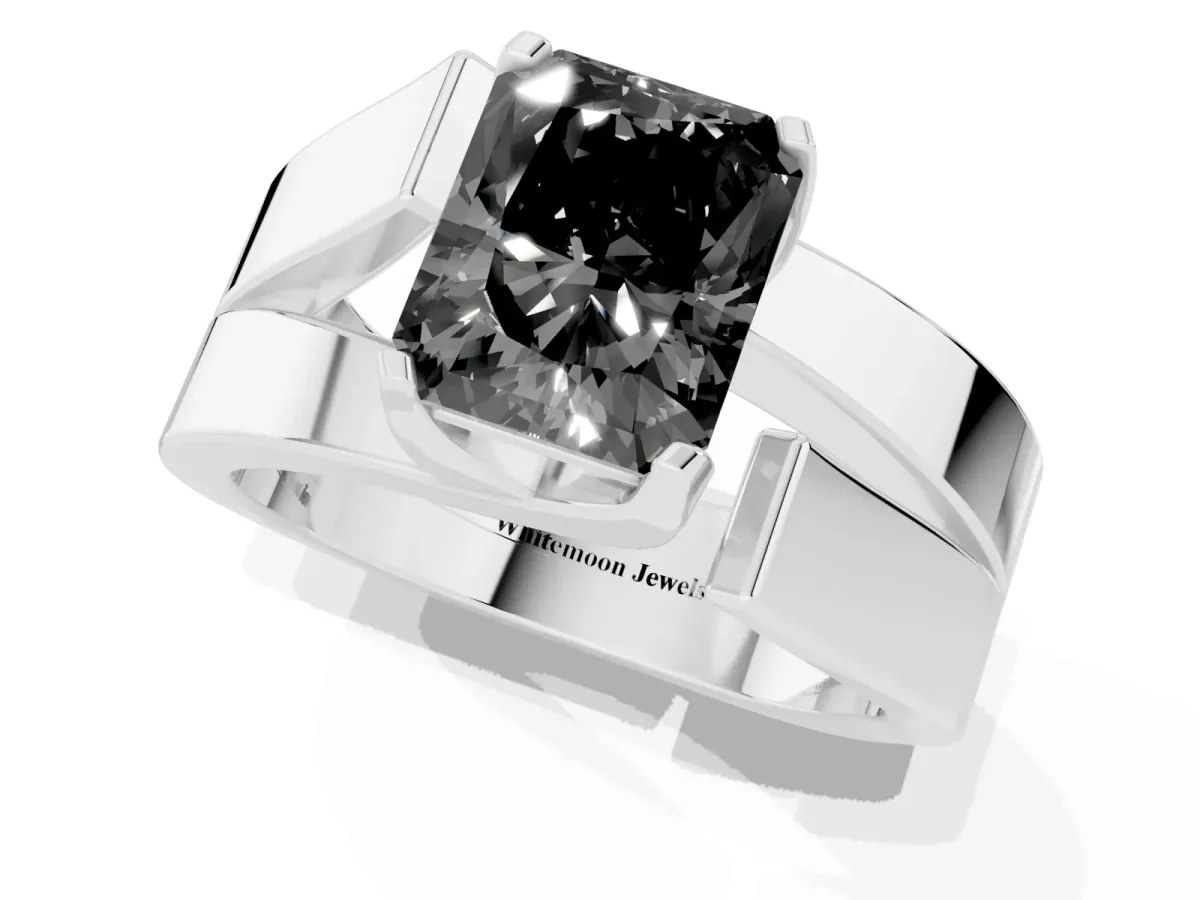 Fancy Black Modern Tension Set Radiant Cut Diamond Solitaire Wide Band Ring Silver