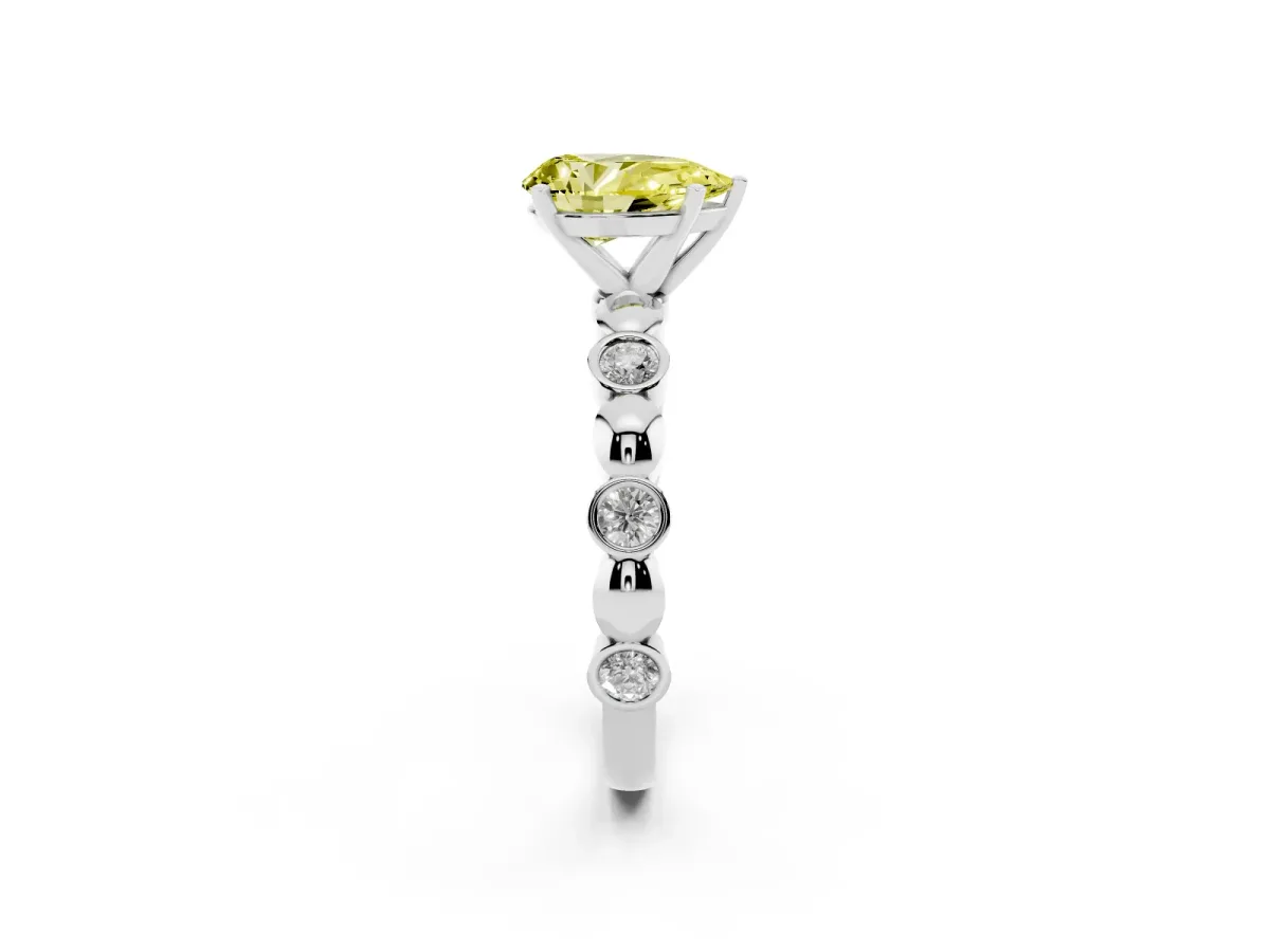 Fancy Yellow Pear Cut Solitaire Bezel-Set Diamond Ring with Beaded Band and Four-Prong Setting Silver
