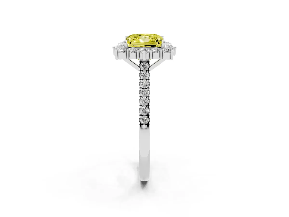 Fancy Yellow Princess Cut Halo Diamond Ring with Pavé Band and Prong Setting Silver