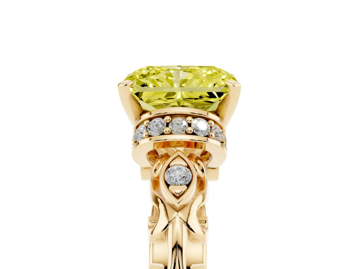 Fancy Yellow Radiant Cut Diamond Solitaire Ring with Filigree Band and Four-Prong Setting Yellow gold