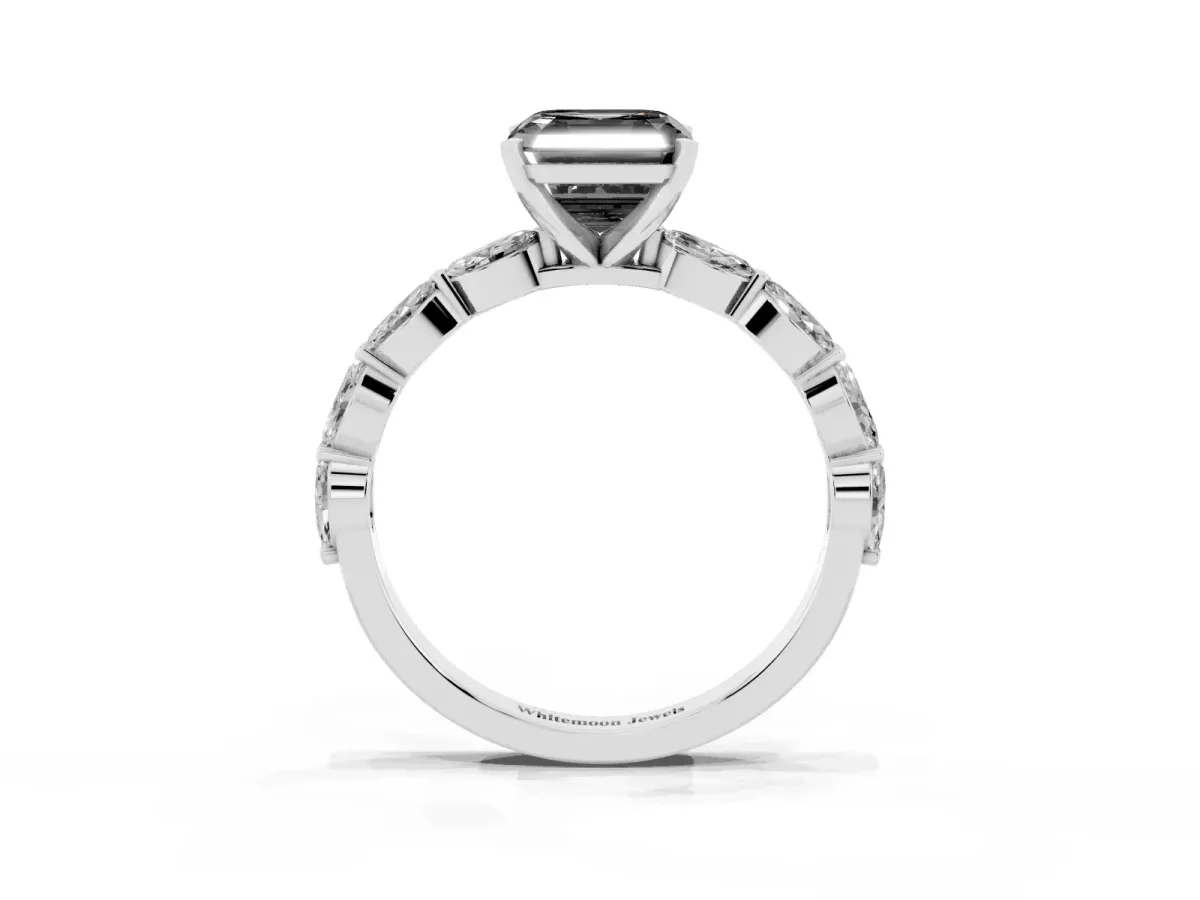 Fancy Black Asscher Cut Diamond Ring with Marquise Side Stones and Prong Setting Platinum
