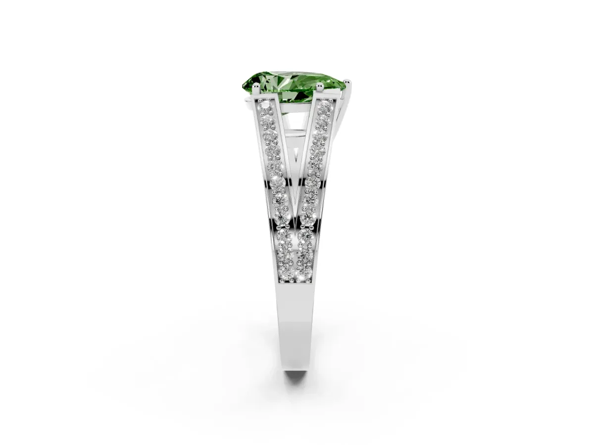 Fancy Green Pear Cut Diamond Split Shank Ring with Pavé Band and Four-Prong Setting Silver