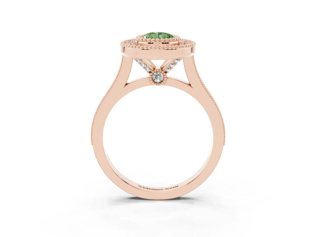 Fancy Green Pear Cut Diamond Halo Ring with Milgrain Frame and Pavé Band Rose gold
