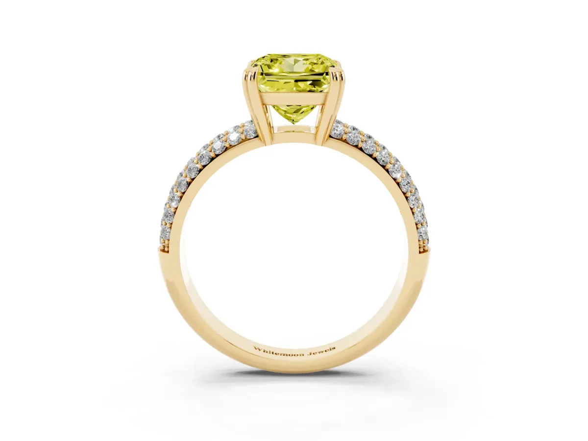 Fancy Yellow Princess Cut Diamond Solitaire Ring with Multi-Row Round Pavé Band and Prong Setting Yellow gold