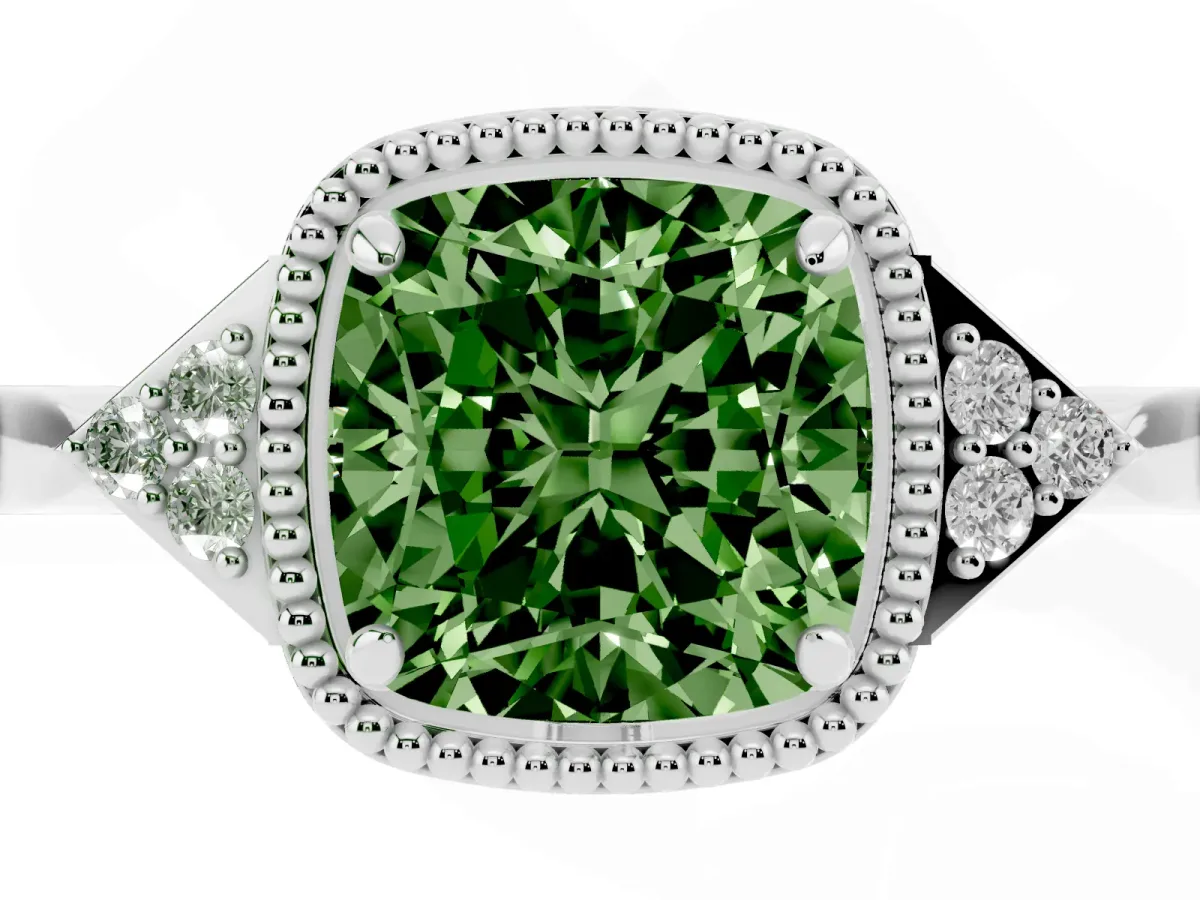 Fancy Green Hexagonal Halo Cushion Cut Diamond Solitaire with Pavé Band and Four-Prong Setting White gold