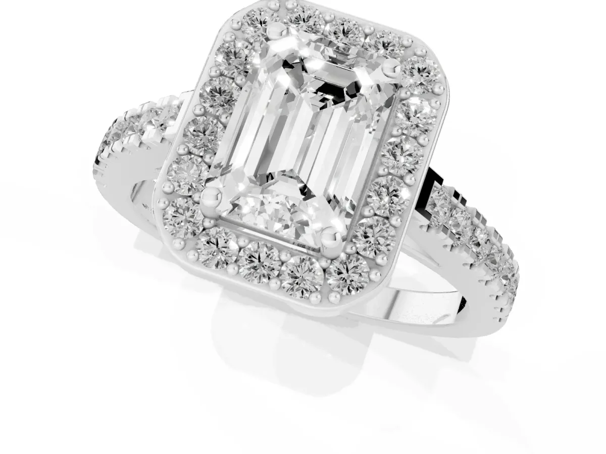 Emerald Cut Diamond Halo Ring with Round Pavé Split Shank and Prong Setting Silver