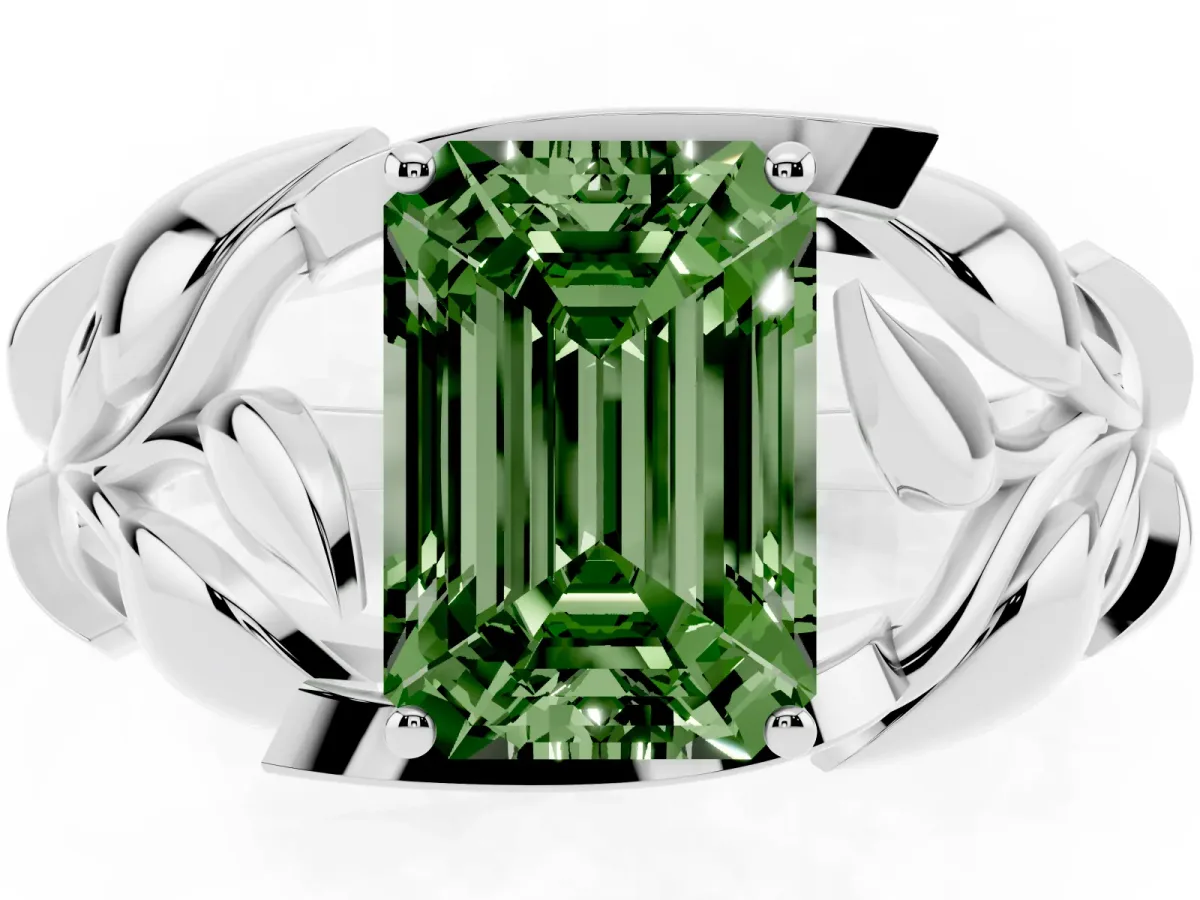Fancy Green Emerald Cut Diamond Leaf-Inspired Engagement Ring with Round Accents and Prong Setting Silver