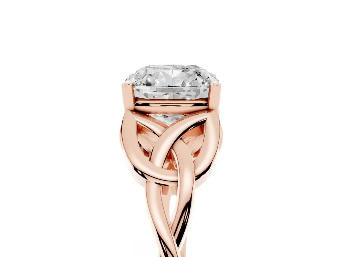 Cushion Cut Diamond Solitaire Engagement Ring with Celtic Knot Band and Four-Prong Setting Rose gold