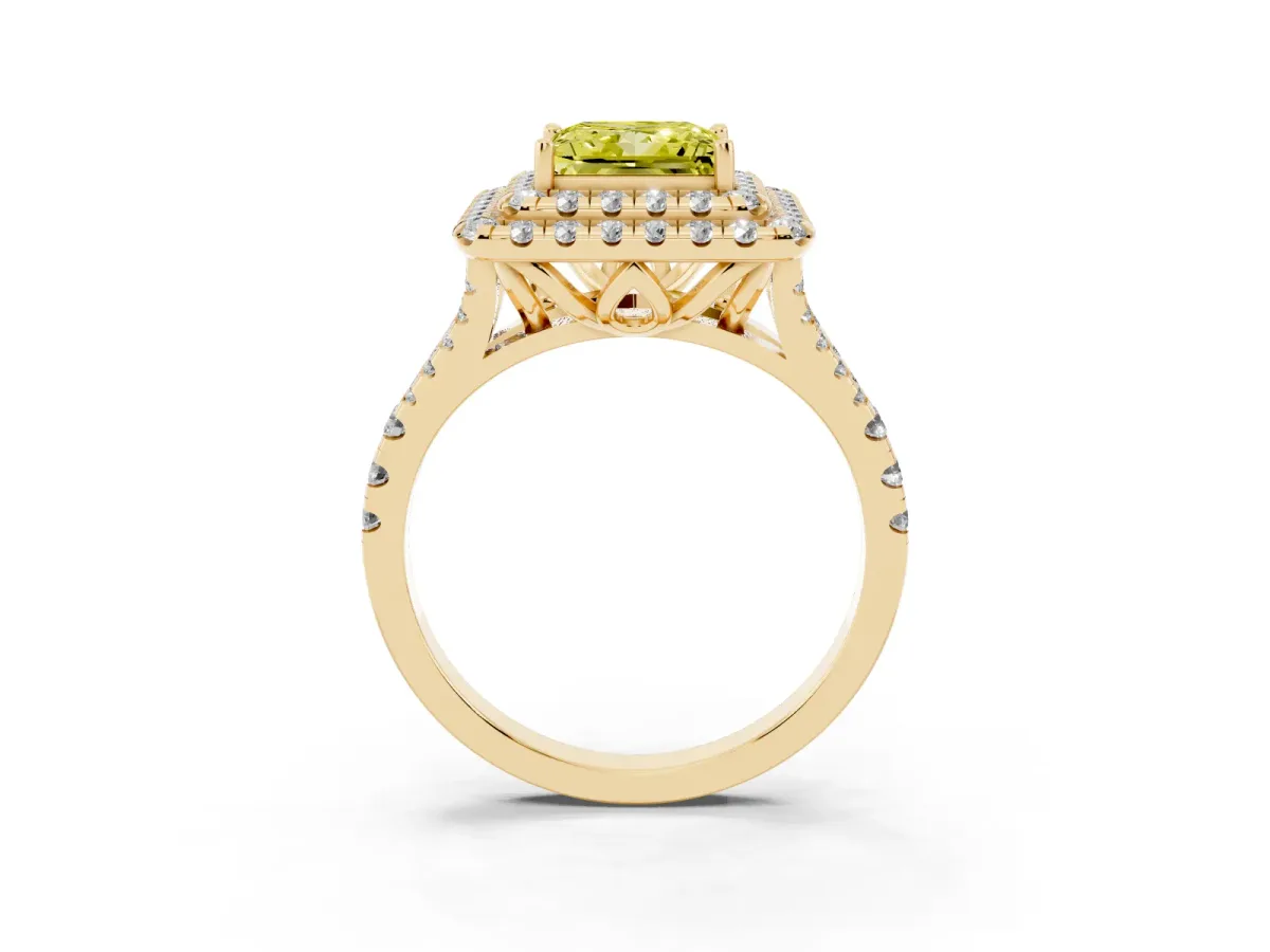 Fancy Yellow Double Halo Princess Cut Diamond Pavé Split Shank Ring with Prong Setting Yellow gold