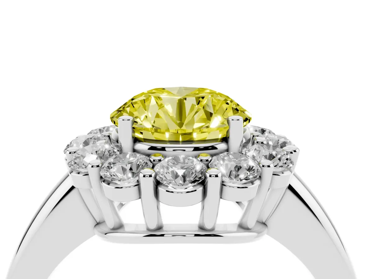 Fancy Yellow Round Cut Halo Cluster Diamond Engagement Ring with Prong Setting and Polished Band Silver