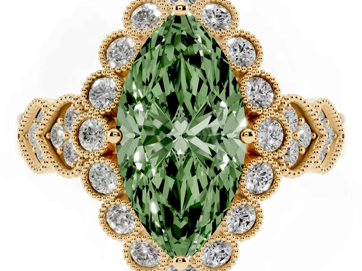 Fancy Green Marquise Cut Brilliant Milgrain Pave Heart Band Solitaire Ring Yellow gold
