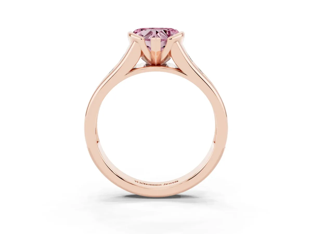 Fancy Pink Heart Cut Solitaire Bezel-Set Diamond Ring with Channel-Set Band Rose gold