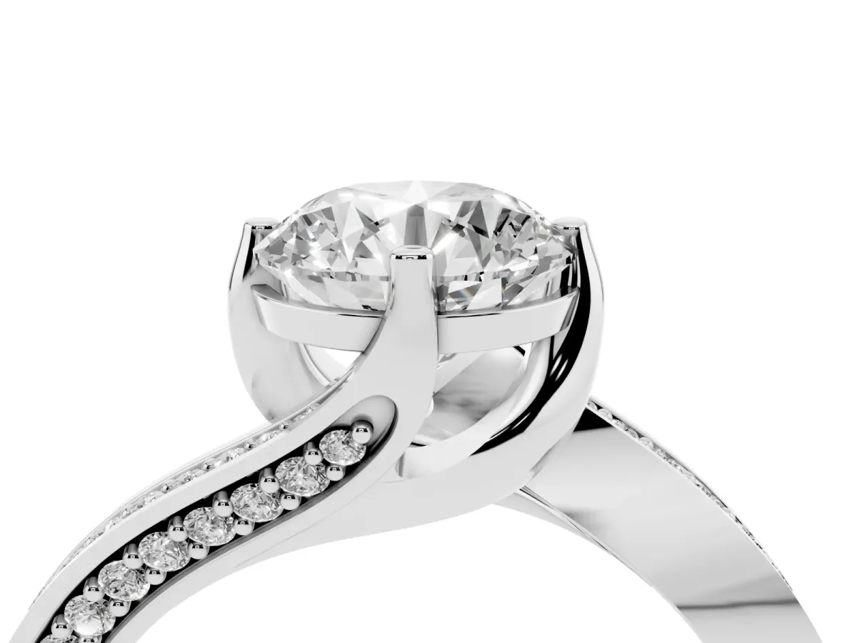 Round Cut Solitaire Diamond Twist Band with Pavé Setting and Four-Prong Setting Silver
