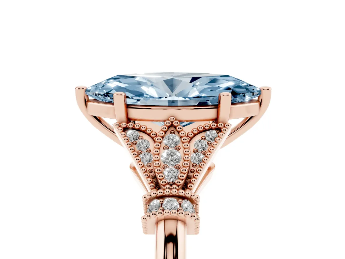Fancy Blue Marquise Cut Diamond Solitaire Ring with Floral Filigree and Pave Accents Rose gold