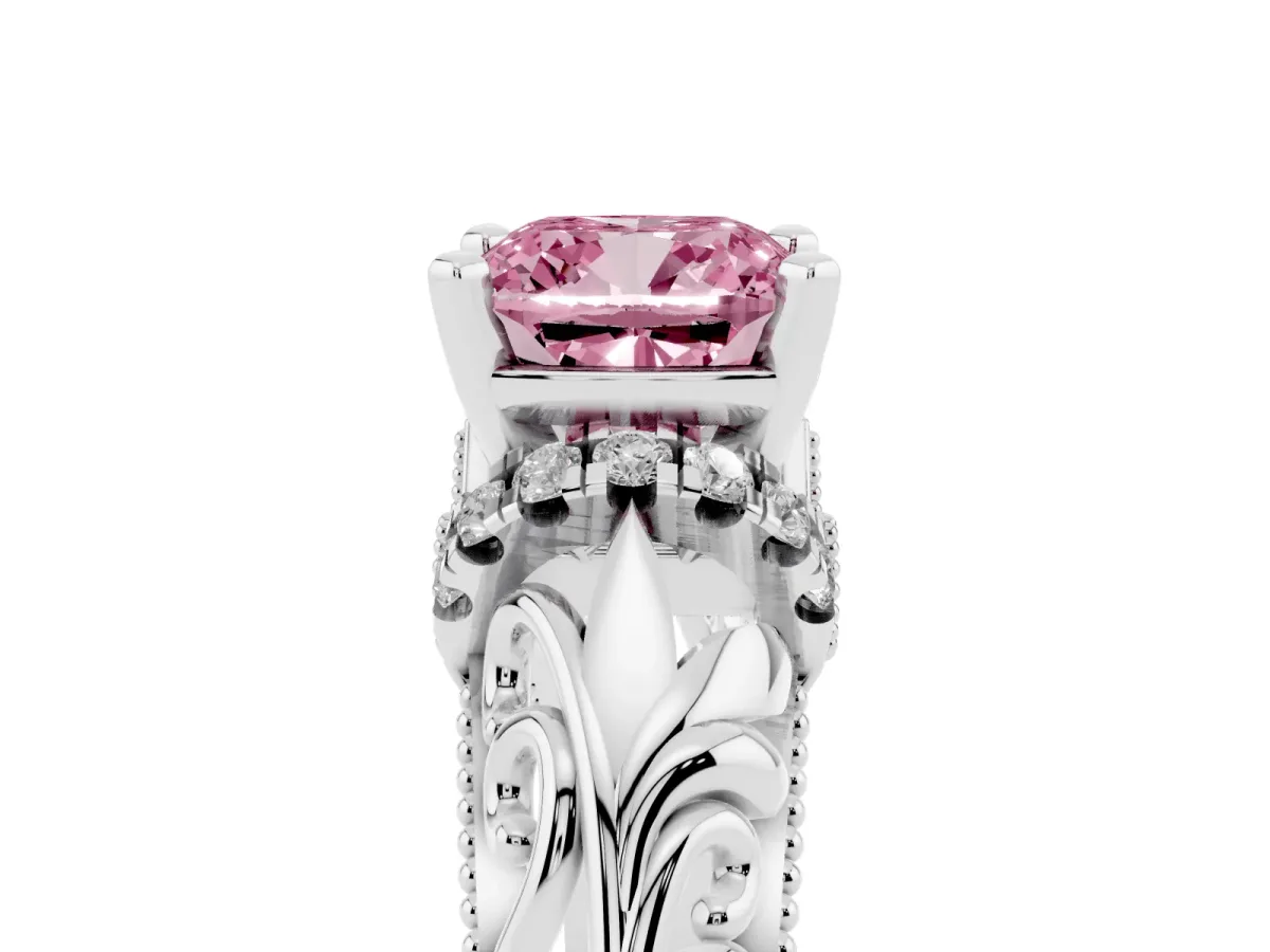 Fancy Pink Cushion Cut Solitaire Filigree Engagement Ring with Halo and Prong Setting Silver