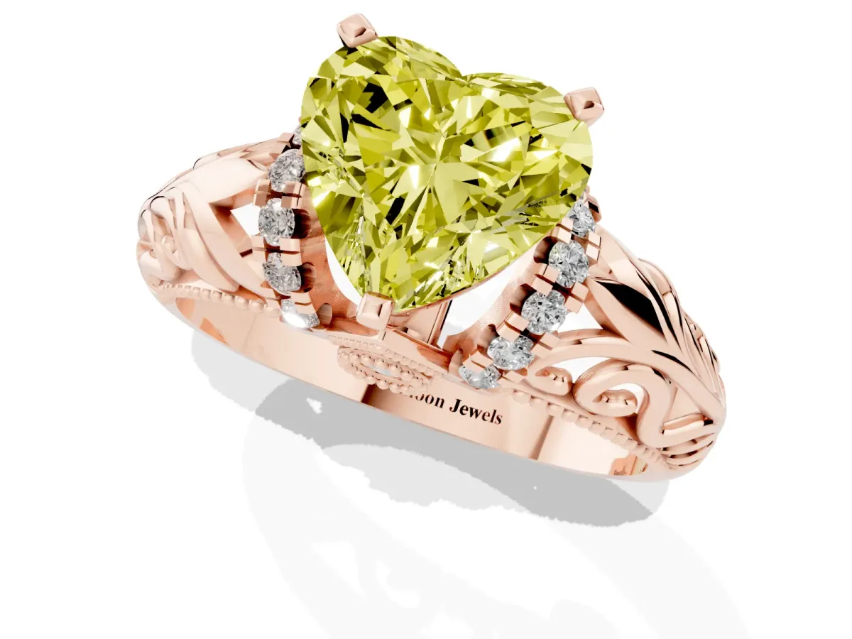 Fancy Yellow Heart Cut Solitaire Filigree Engagement Ring with Halo and Prong Setting Rose gold