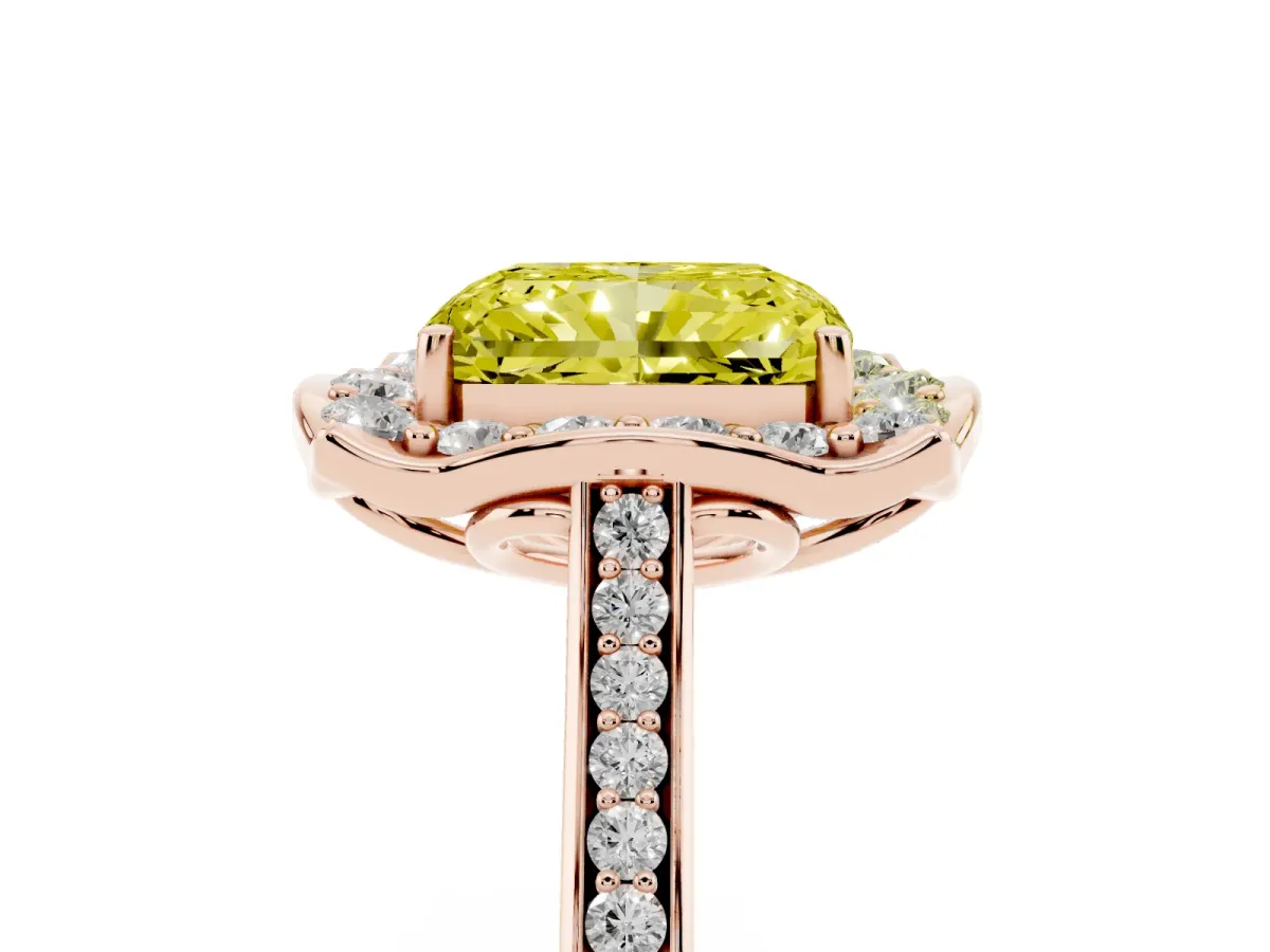 Fancy Yellow Radiant Cut Halo Round Diamond Pave Band with Four-Prong Setting Rose gold