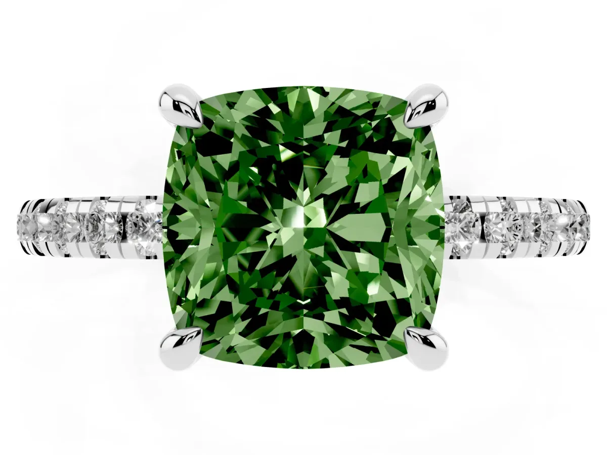 Fancy Green Cushion Cut Diamond Brilliant Solitaire Ring with Pavé Band and Four-Prong Setting Platinum