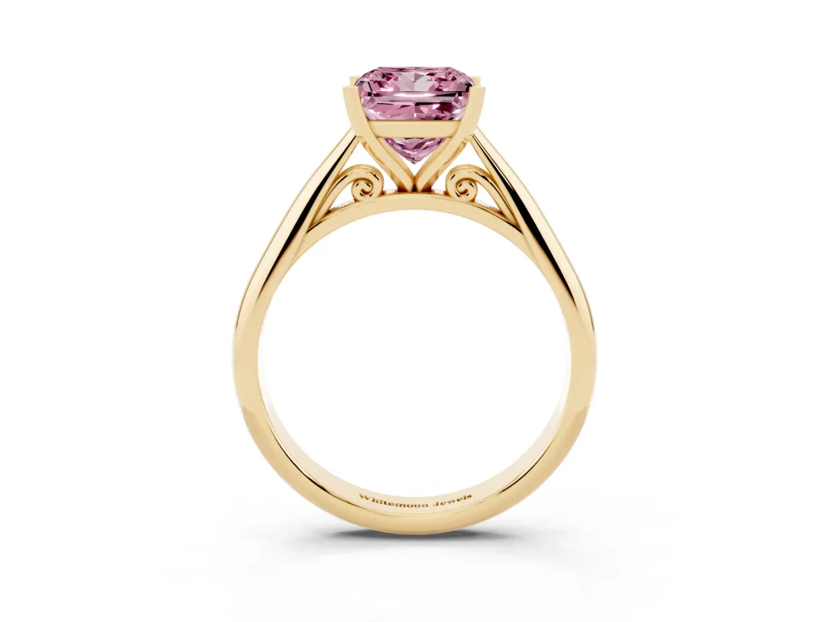 Fancy Pink Princess Cut Diamond Solitaire Engagement Ring with Cathedral Setting and Four-Prong Mount Yellow gold