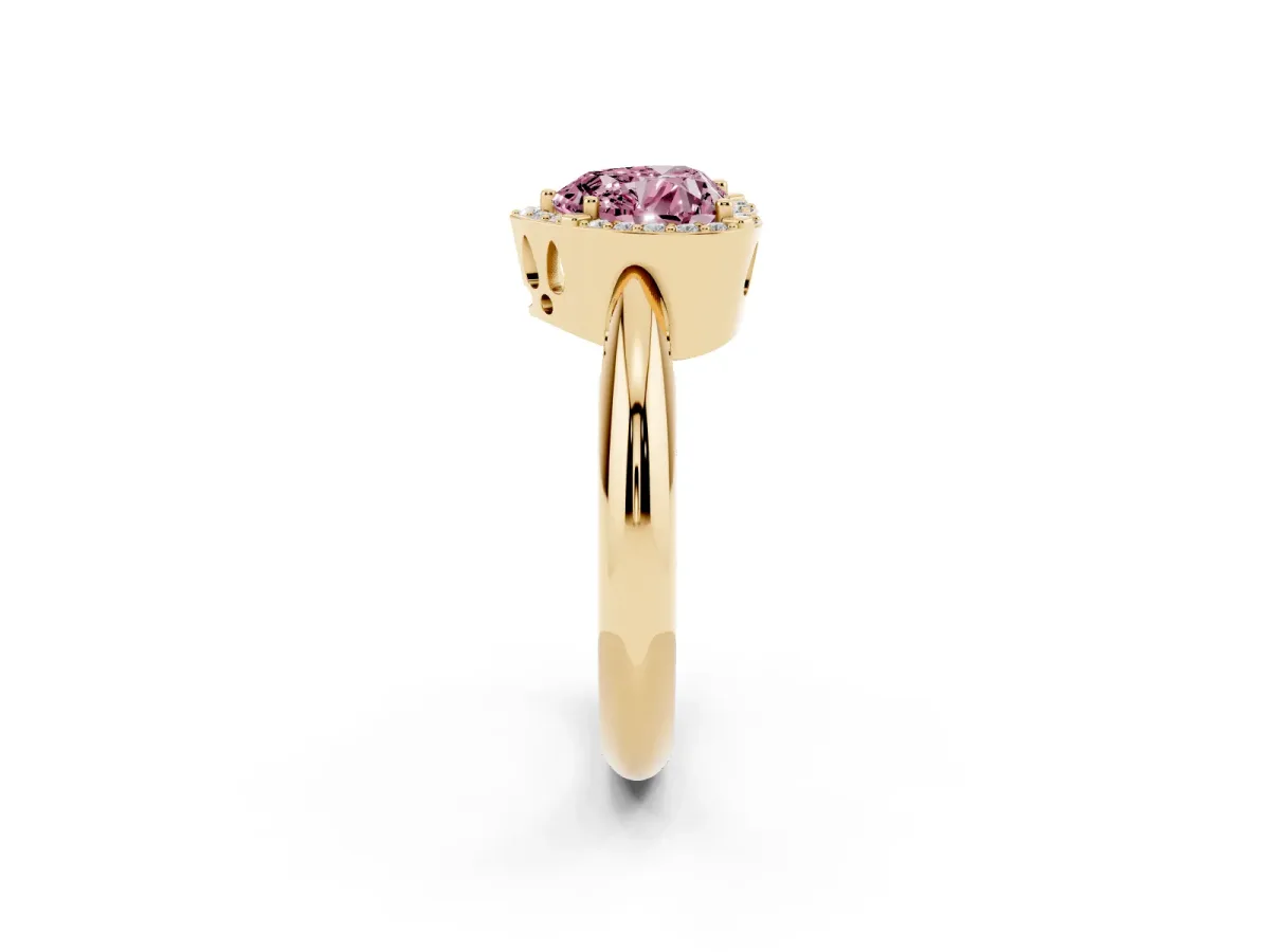 Fancy Pink Heart Cut Cut Diamond Halo Engagement Ring with Split Shank and Four-Prong Setting Yellow gold