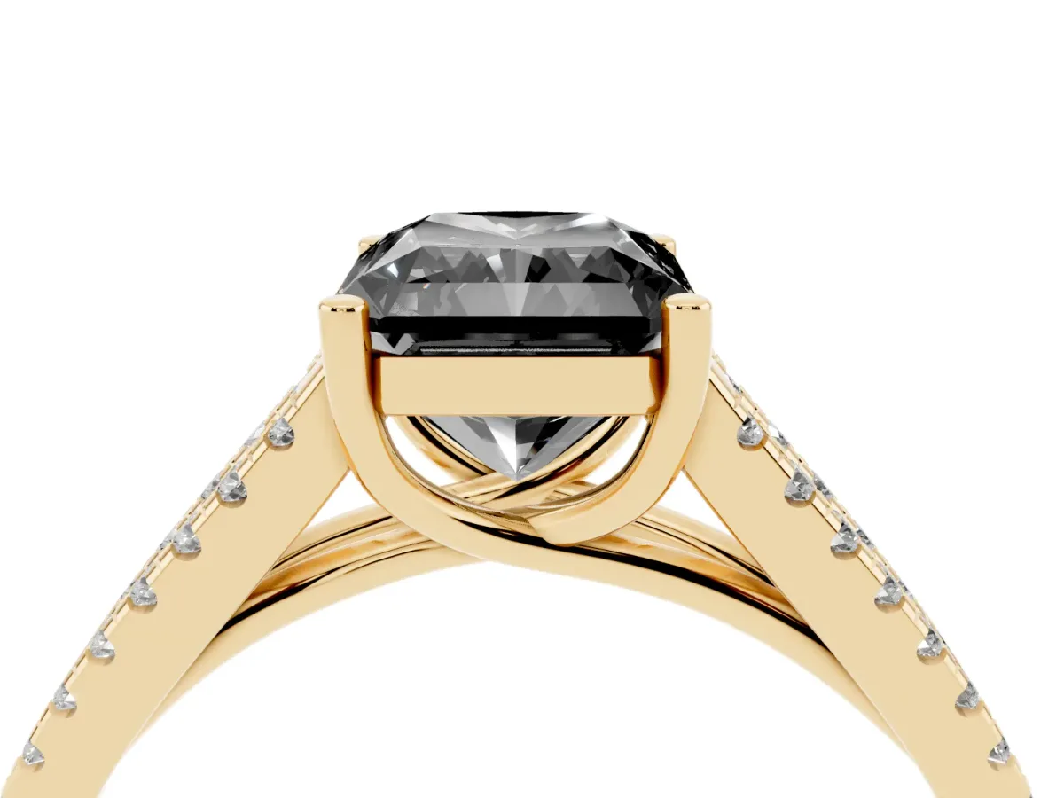 Fancy Black Radiant Cut Diamond Solitaire Engagement Ring with Split Shank Pavé Band Yellow gold
