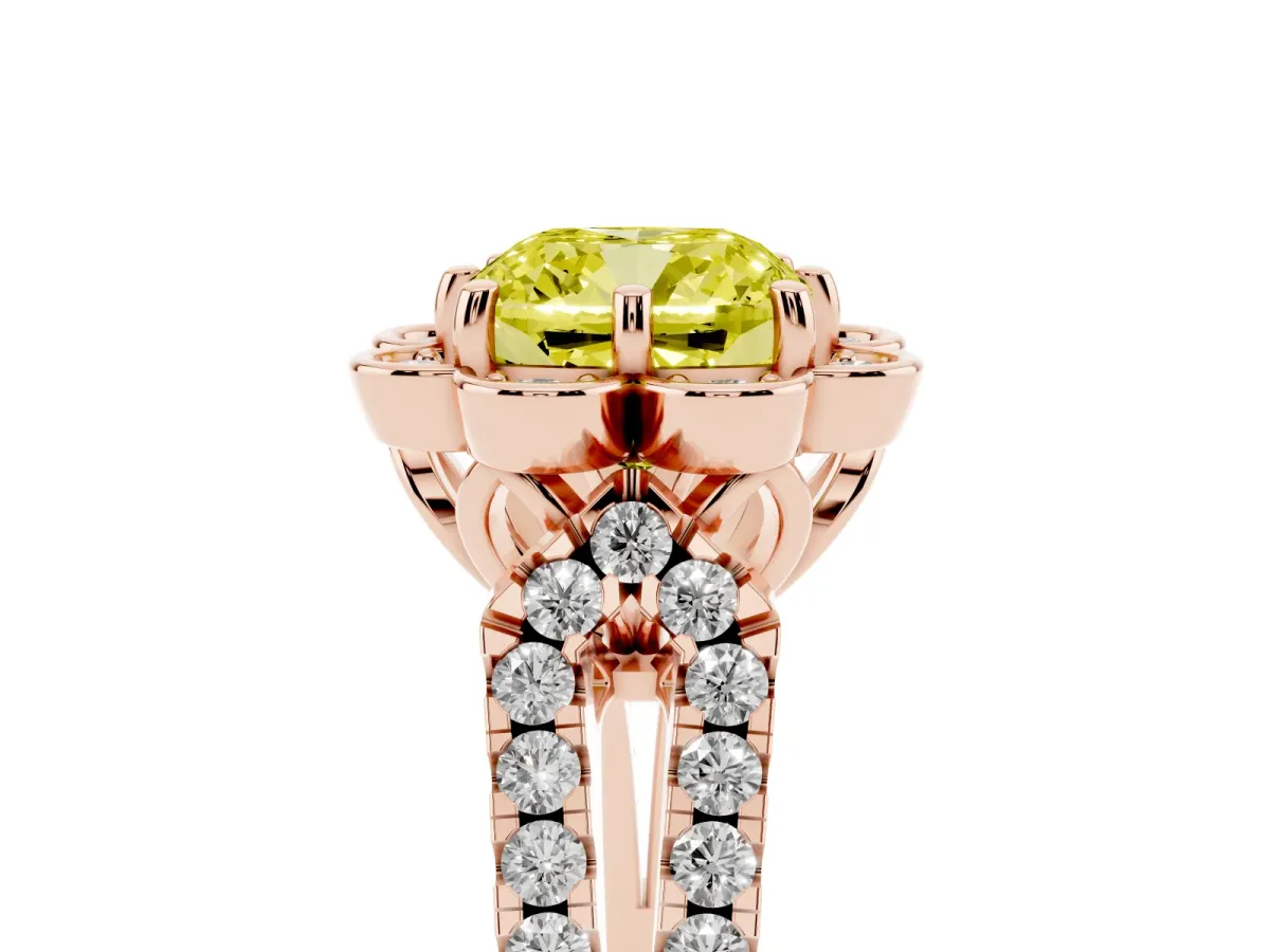 Fancy Yellow Cushion Cut Halo Diamond Floral Split Shank Engagement Ring Rose gold