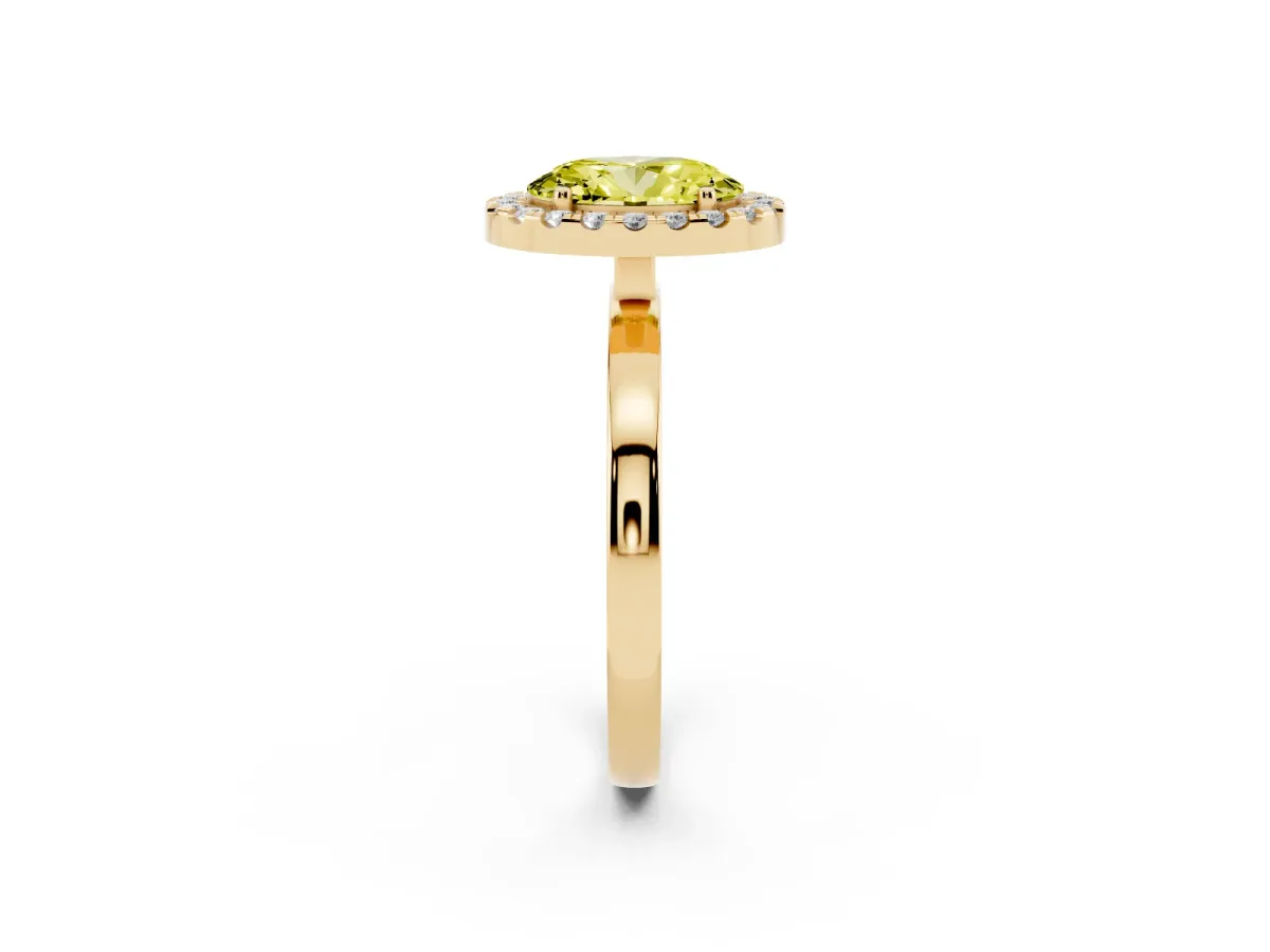 Fancy Yellow Oval Cut Halo Diamond Solitaire with Pavé Band and Four-Prong Setting Yellow gold