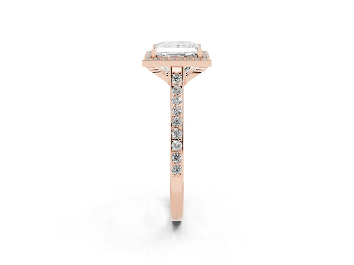 Princess Cut Diamond Halo Engagement Ring with Round Pavé Shoulders and Prong Setting Rose gold