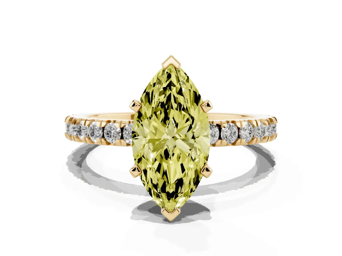 Fancy Yellow Marquise Cut Diamond Pavé Band Solitaire with Four-Prong Setting Yellow gold