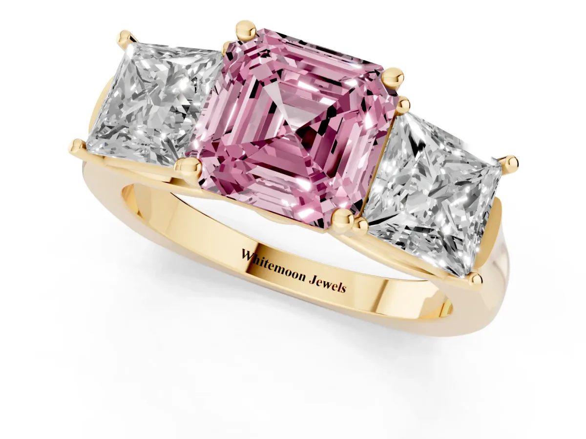 Fancy Pink Three-Stone Asscher Cut Brilliant Diamond Trellis Ring with Comfort Fit Band Yellow gold