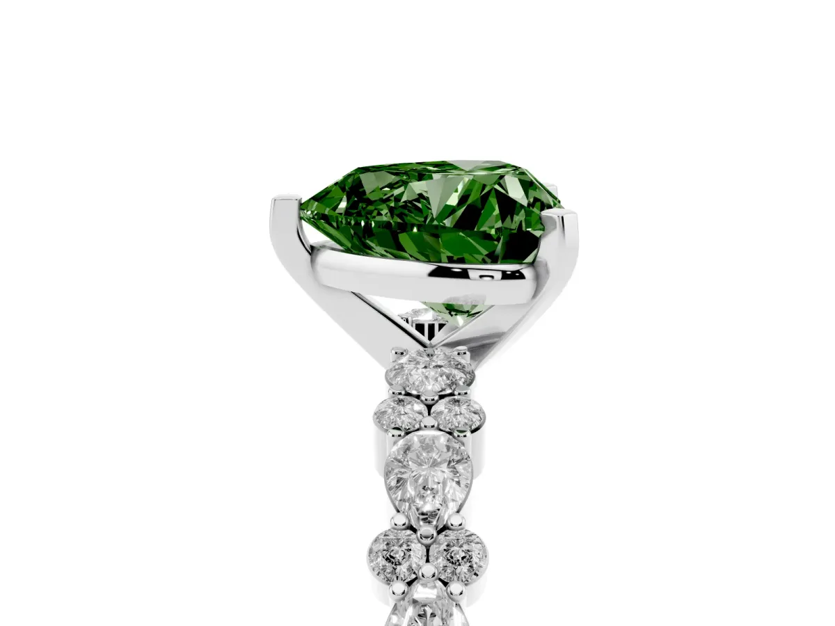 Fancy Green Heart Cut Diamond Side Stone Solitaire Ring with Round and Four-Prong Setting Silver