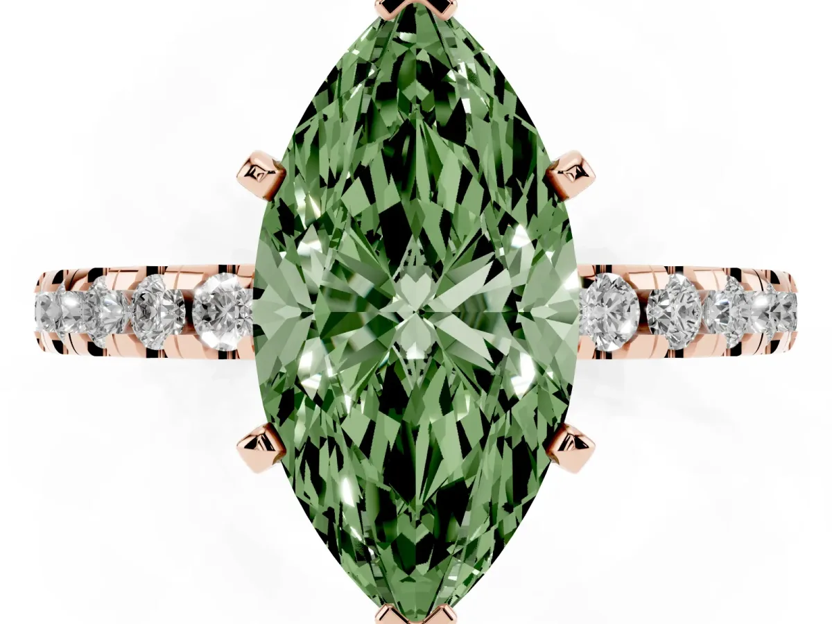Fancy Green Marquise Cut Diamond Solitaire Ring with Round Pavé Band and Four-Prong Setting Rose gold